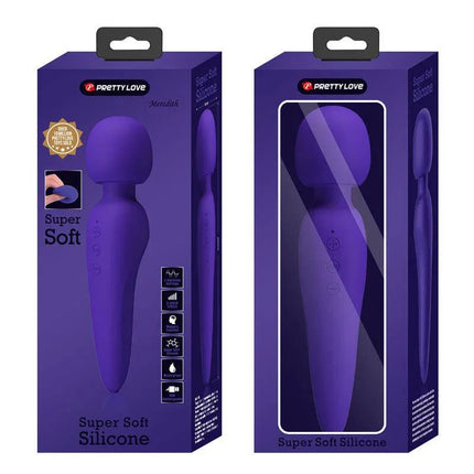 Meredith Massager Wand Violet in packaging showcasing powerful motor and soft silicone finish.