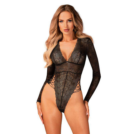 Merlys Long Sleeve Teddy in black lace, featuring long sleeves and adjustable back neck strap for customizable fit.