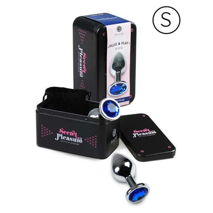 Butt Plug Size S Blue with sleek metal design and diamond base in stylish packaging for comfortable anal stimulation.