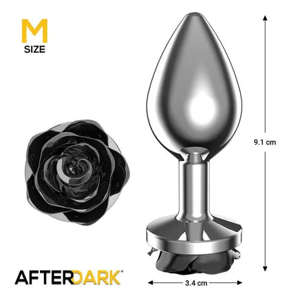 Metal Anal Plug with Black Rose Base Size M by Afterdark, metal design with 9.1 cm height and 3.4 cm width, sleek silhouette