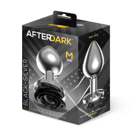 Afterdark Metal Anal Plug with Black Rose Base Size M packaging box, highlighting its sleek metal design and black rose jewel base.