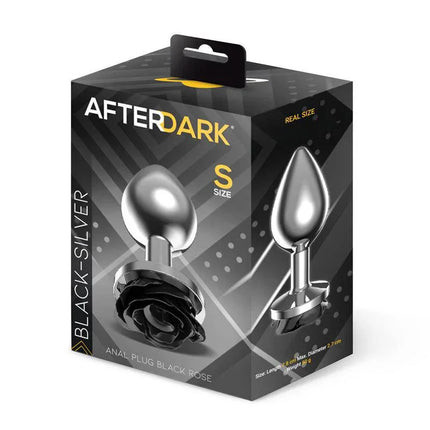 Packaging of Metal Anal Plug with Black Rose Base Size S featuring sleek design and black rose jewel base by Afterdark.