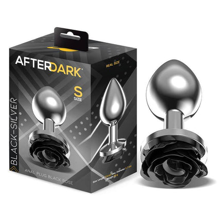 Metal Anal Plug with Black Rose Base Size S by Afterdark, sleek metal finish, elegant black rose base, ideal for beginners.