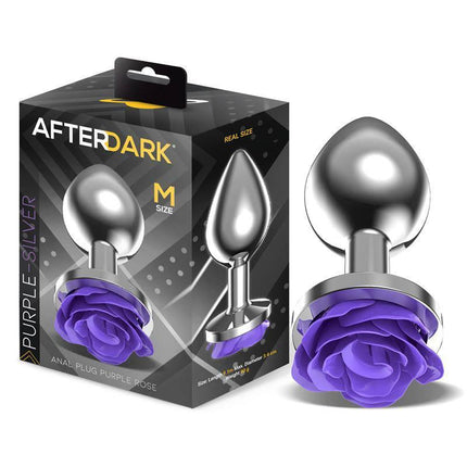 Metal Anal Plug with Purple Rose Base - Size M packaging and product view