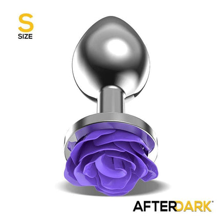 Metal Anal Plug with Purple Rose Base - Size S for elegant and smooth exploration in anal play, perfect for beginners.