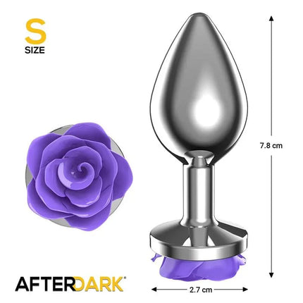 Metal Anal Plug with Purple Rose Base - Size S, silver plug with purple rose detail, perfect for beginners, shown with dimensions.