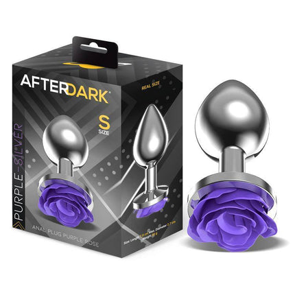 Metal Anal Plug with Purple Rose Base - Size S from Afterdark packaging and product