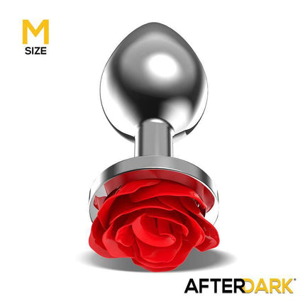 Metal Anal Plug with Red Rose Base - Size M by Afterdark on white background.