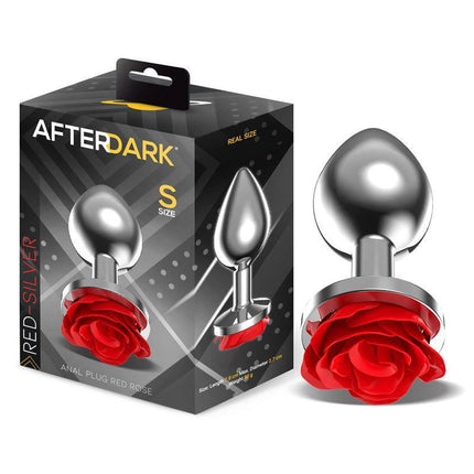 Metal Anal Plug with Red Rose Base - Size S, Afterdark packaging and product with red rose detail. Ideal for beginners.