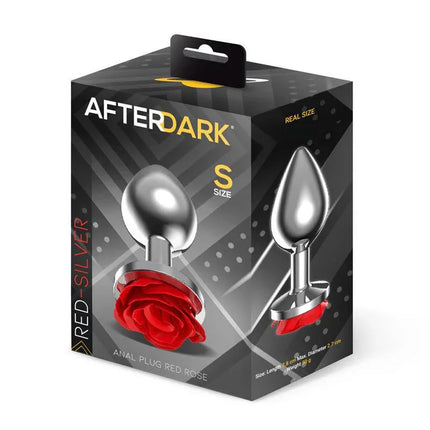 Packaging for Metal Anal Plug with Red Rose Base - Size S, featuring metal plug and rose design from Afterdark, ideal for beginners.