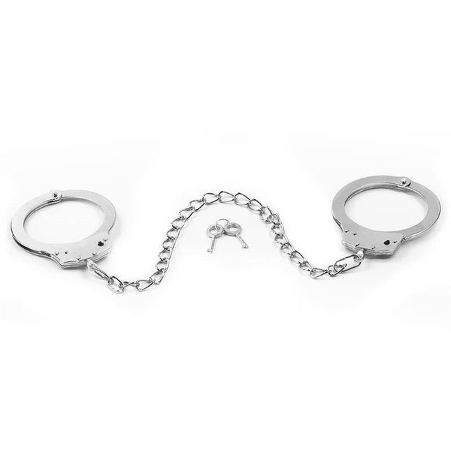 Silver Metal Ankle Cuffs with chain and two keys for couples' bondage play, featuring quick release lever for safety.
