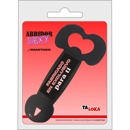 Metal bottle opener painted in the shape of a penis, gun-inspired finish, playful barware, durable metal, packaged on red background.