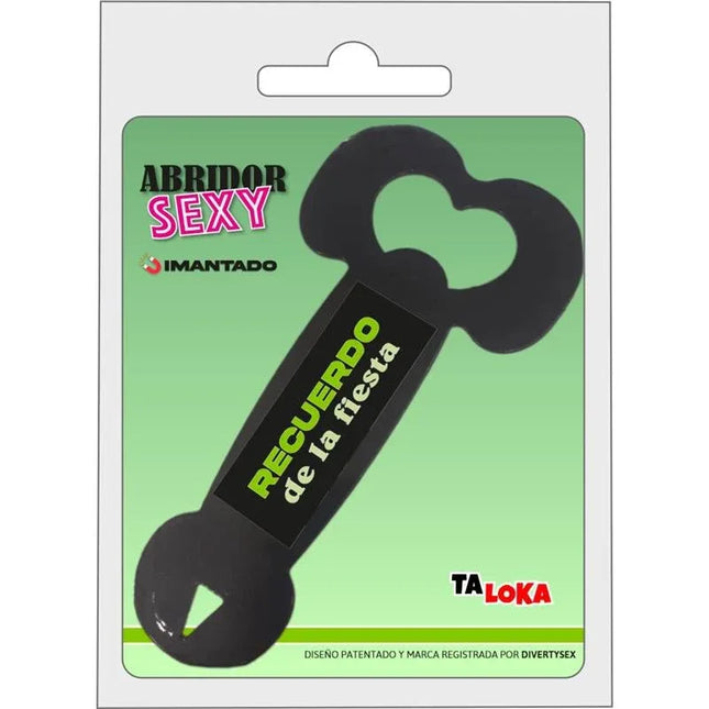 Packaging of metal bottle opener painted with the shape of a penis with magnetic finish and text "Abridor Sexy".