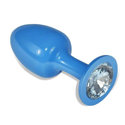 Metal Butt Plug Blue Rosebud with Clear Jewel, nickel-free metal, eyecatching blue, body-safe design, striking finish, 8.3 cm x 3.3 cm.