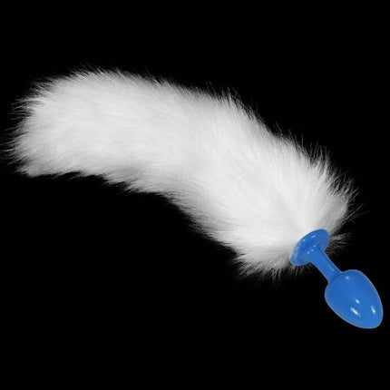 Metal Butt Plug Blue with White Fox Tail on black background.
