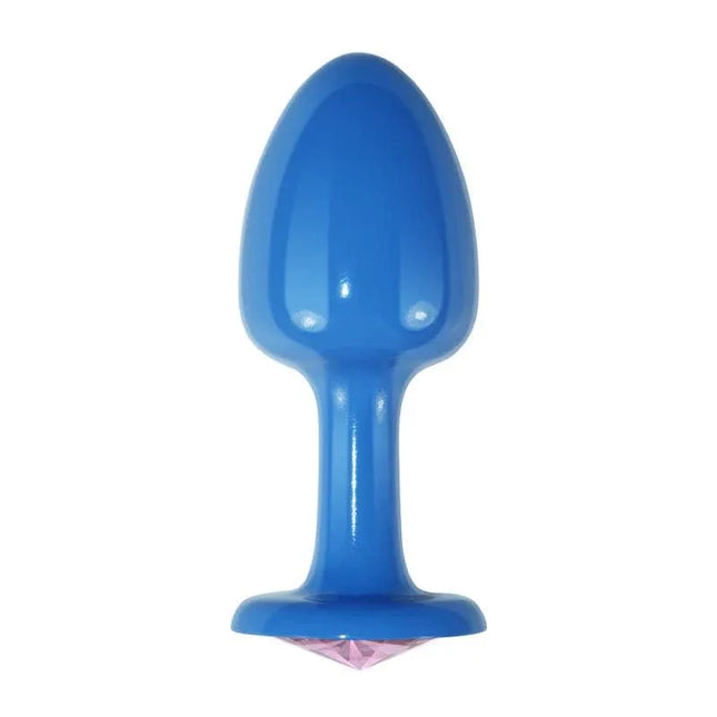 Blue metal butt plug blur rosebud with pink jewel, premium nickel-free, smooth design for comfort and control.