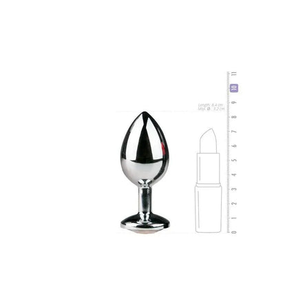 Metal Butt Plug No. 2 - Silver/Clear polished aluminium anal plug with crystal embellishment and measuring comparison guide.