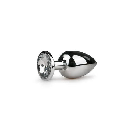 Metal Butt Plug No. 6 - Silver/Clear with polished aluminium design featuring a clear gemstone base for luxury and comfort.