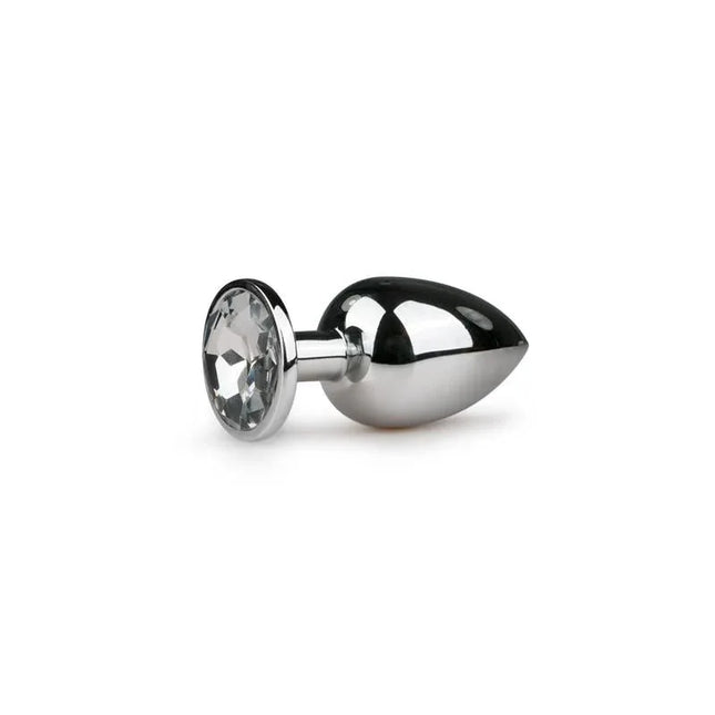 Metal Butt Plug No. 6 - Silver/Clear with polished aluminium design featuring a clear gemstone base for luxury and comfort.