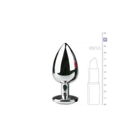 Metal Butt Plug No. 6 - Silver/Clear, polished aluminium with tapered tip next to measurement scale for size reference.