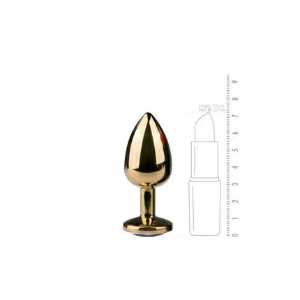Metal Butt Plug No.1 - Gold with crystal base and tapered design next to size comparison with a lipstick illustration