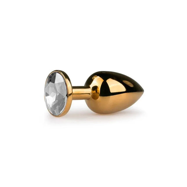 Metal Butt Plug No.1 - Gold with crystal base, polished aluminium, tapered tip, smooth bulbous body, slender neck for comfortable wear.