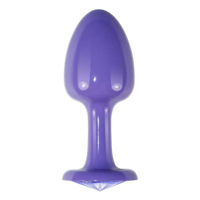 Metal Butt Plug Purple Rosebud with Blue Jewel, nickel-free, rounded tip and slender neck for comfort and style.
