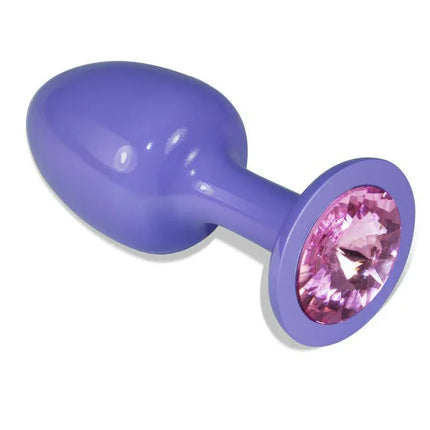 Metal Butt Plug Purple Rosebud with Pink Jewel featuring nickel-free body-safe metal and glamorous jewel base for visual allure.