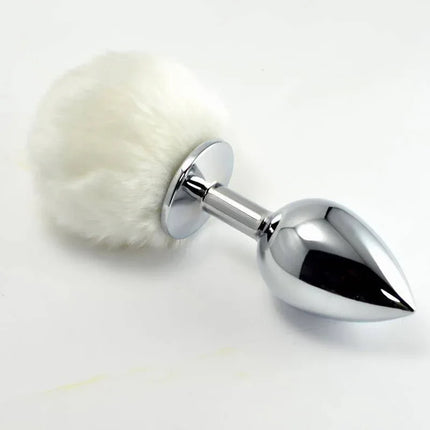 Metal Butt Plug qwith White Blanco Size S with fluffy tail, ideal for beginners exploring new sensations, nickel-free metal design.