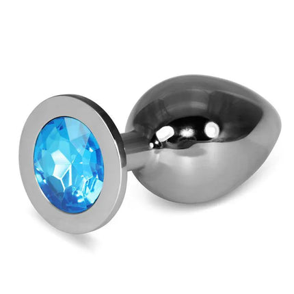 Metal Butt Plug RoseBud Classic with Blue Jewel Size L, nickel-free metal anal plug featuring a sparkling blue jewel, size large.