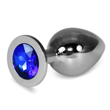 Metal Butt Plug RoseBud Classic with Darkblue Jewel Size L in nickel-free metal, featuring a brilliant dark blue gemstone.