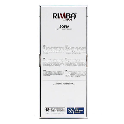 Packaging for Metal Butt Plug Sofia Blue Jewel featuring product details and warnings.