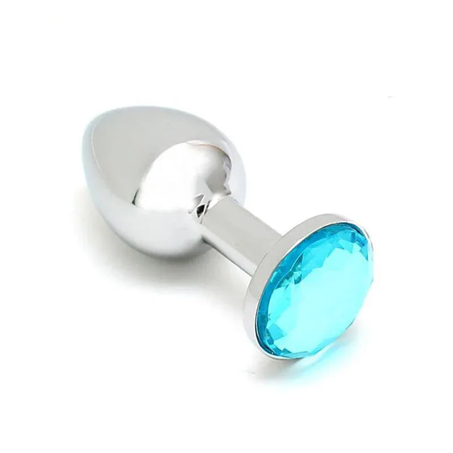 Metal Butt Plug Sofia Blue Jewel with decorative blue jewel at the base, crafted from solid zinc alloy for beginners and seasoned users.