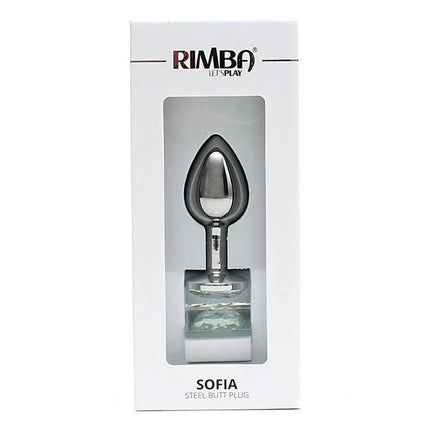 Metal Butt Plug Sofia Clear Jewel in packaging, featuring solid zinc alloy construction with a clear jewel design.