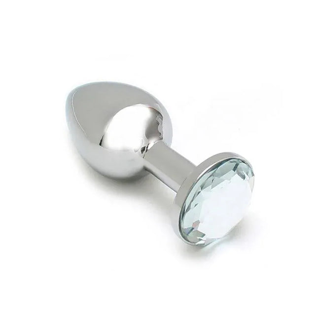 Metal Butt Plug Sofia Clear Jewel, solid zinc alloy with a clear jewel for luxury anal play, 140 grams for perfect texture and control.