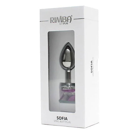 Metal Butt Plug Sofia Pink Jewel in packaging, showcasing solid zinc alloy construction and elegant pink base jewel for secure anchoring.