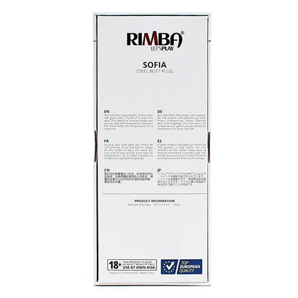 Back view of Metal Butt Plug Sofia Pink Jewel packaging, showing multilingual product details and quality certification icons.