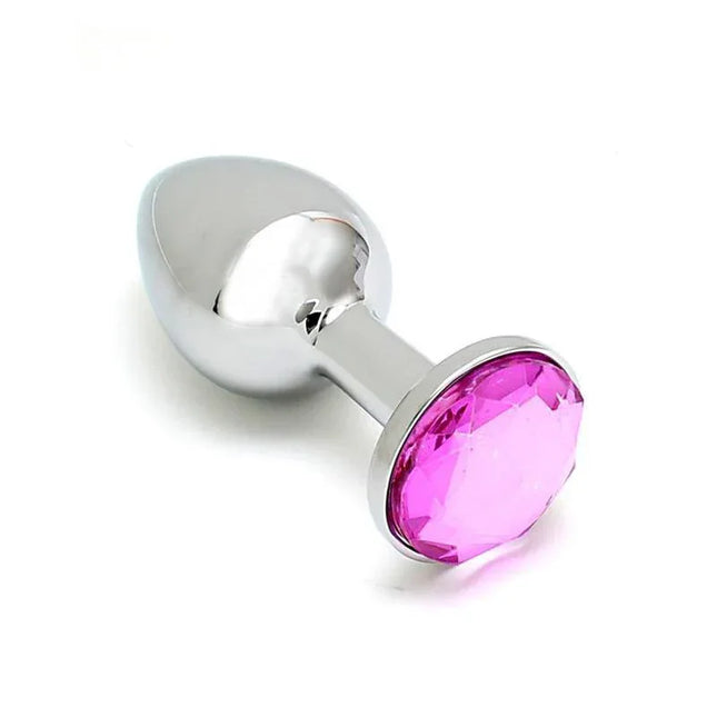 Metal Butt Plug Sofia Pink Jewel with solid zinc alloy and elegant pink base jewel, 140g, rounded tip for comfort and style.