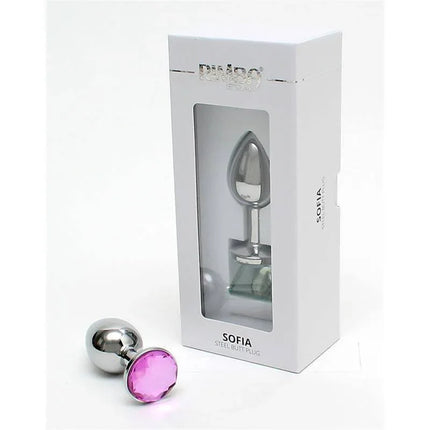 Metal Butt Plug Sofia Pink Jewel packaging and product display with pink jewel