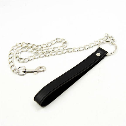 Metal Chain Leash with soft handle for controlled restraint in BDSM play, silver-tone chain, 65 cm length
