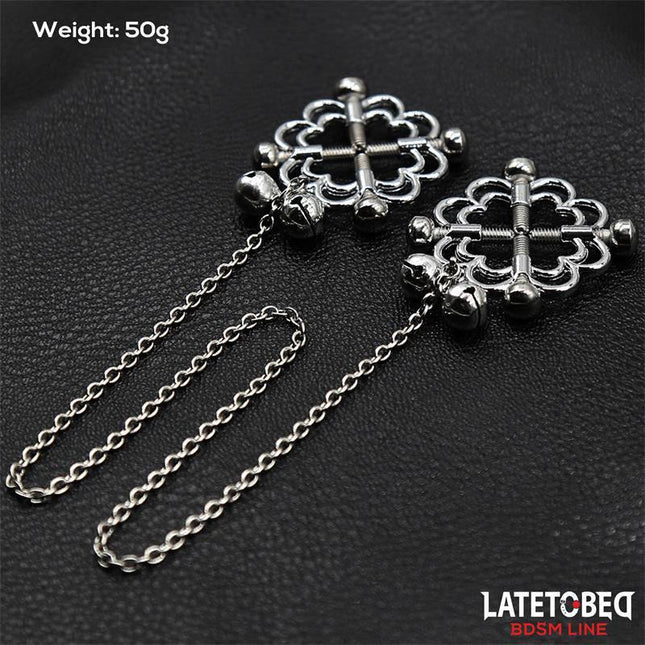 Metal Flower Nipple Clamps with Chain featuring flower-shaped heads and adjustable screws for BDSM play.
