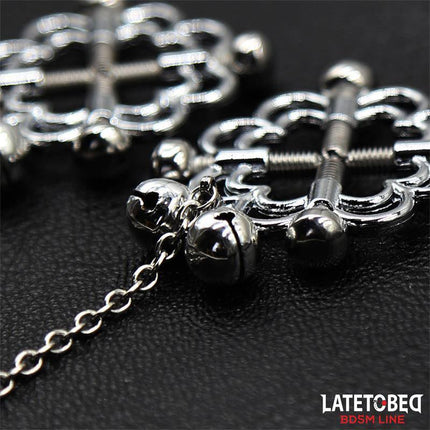Close-up of Metal Flower Nipple Clamps with Chain, featuring adjustable screws, part of the Latetobed BDSM Line.