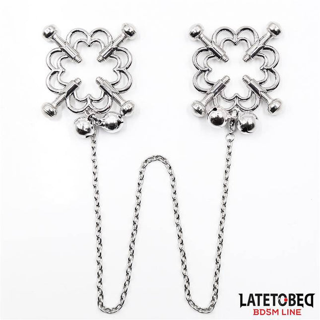 Metal Flower Nipple Clamps with Chain from the Latetobed BDSM Line, featuring flower-shaped heads with adjustable screws.