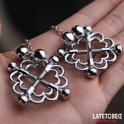 Close-up of Metal Flower Nipple Clamps with Chain from the Latetobed BDSM Line, featuring adjustable screws for precise fit.