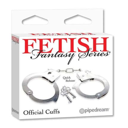 Packaging of Fetish Fantasy Series Metal Handcuffs with quick release feature for costumes or role-play.