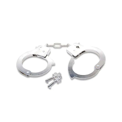 Metal Handcuffs with keys crafted from nickel-plated steel for costumes or role-play.