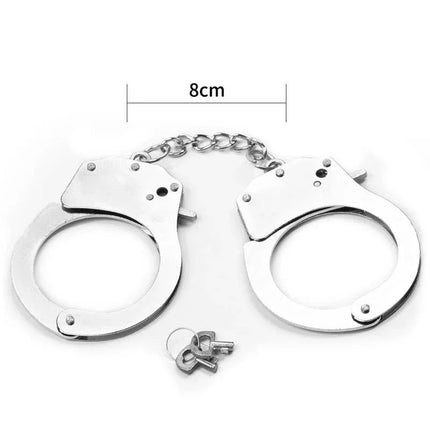 Sleek silver Metal HandCuffs with 8cm chain and two keys, featuring a quick-release lever for secure and consensual play.