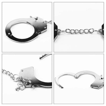 Metal HandCuffs in silver, featuring quick-release lever and two keys, ideal for playful restraint and intimate nights.