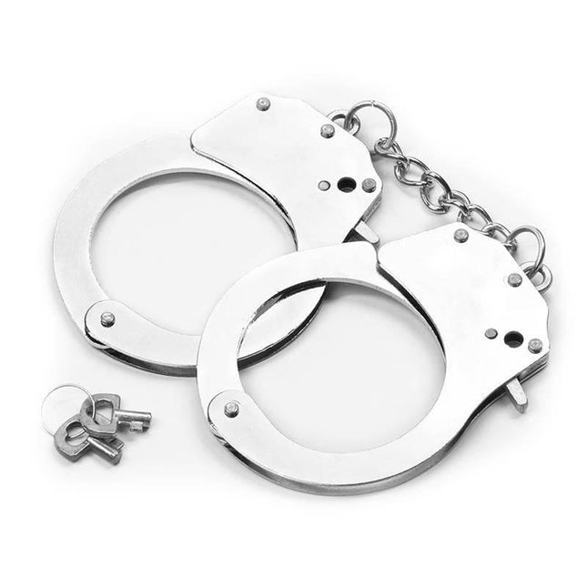 Metal HandCuffs with sleek silver design, quick-release lever, and two keys for playful restraint.