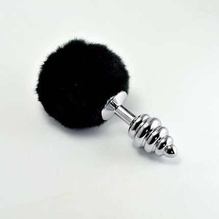 Metal Spiral Butt Plug with Black Pompon featuring a durable spiral design and fluffy pompon for secure, body-safe use.